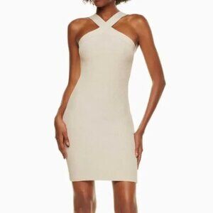 Aritzia Babaton Mini Dress Sculpt Knit Criss Cross Halter Beige size XXS